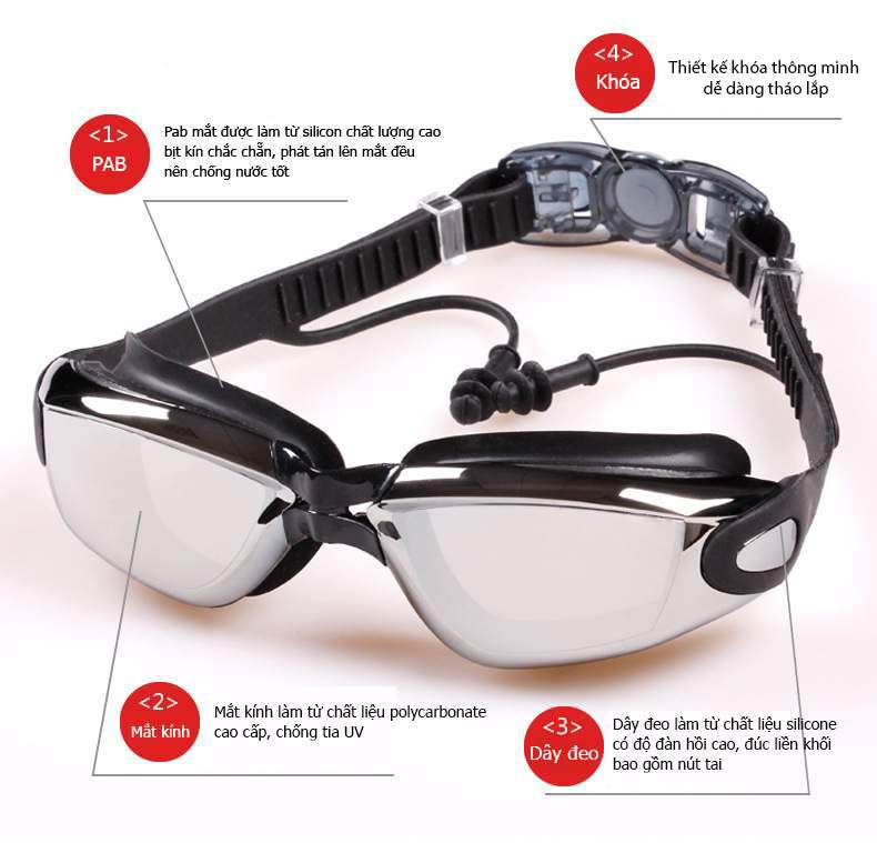 kính bơi có nút tai JH8530 chính hãng JieHu được thiết kế hiện đại chống nước chống mờ sương và chống tia UV